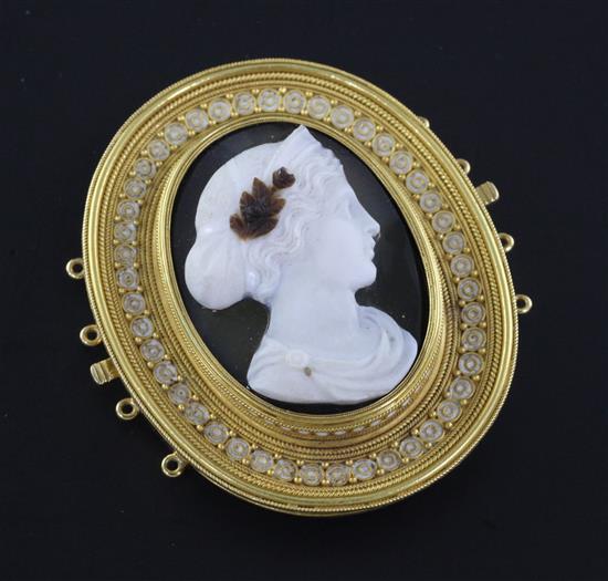 A Victorian gold, white enamel and hardstone cameo oval choker clasp, 2.25in.